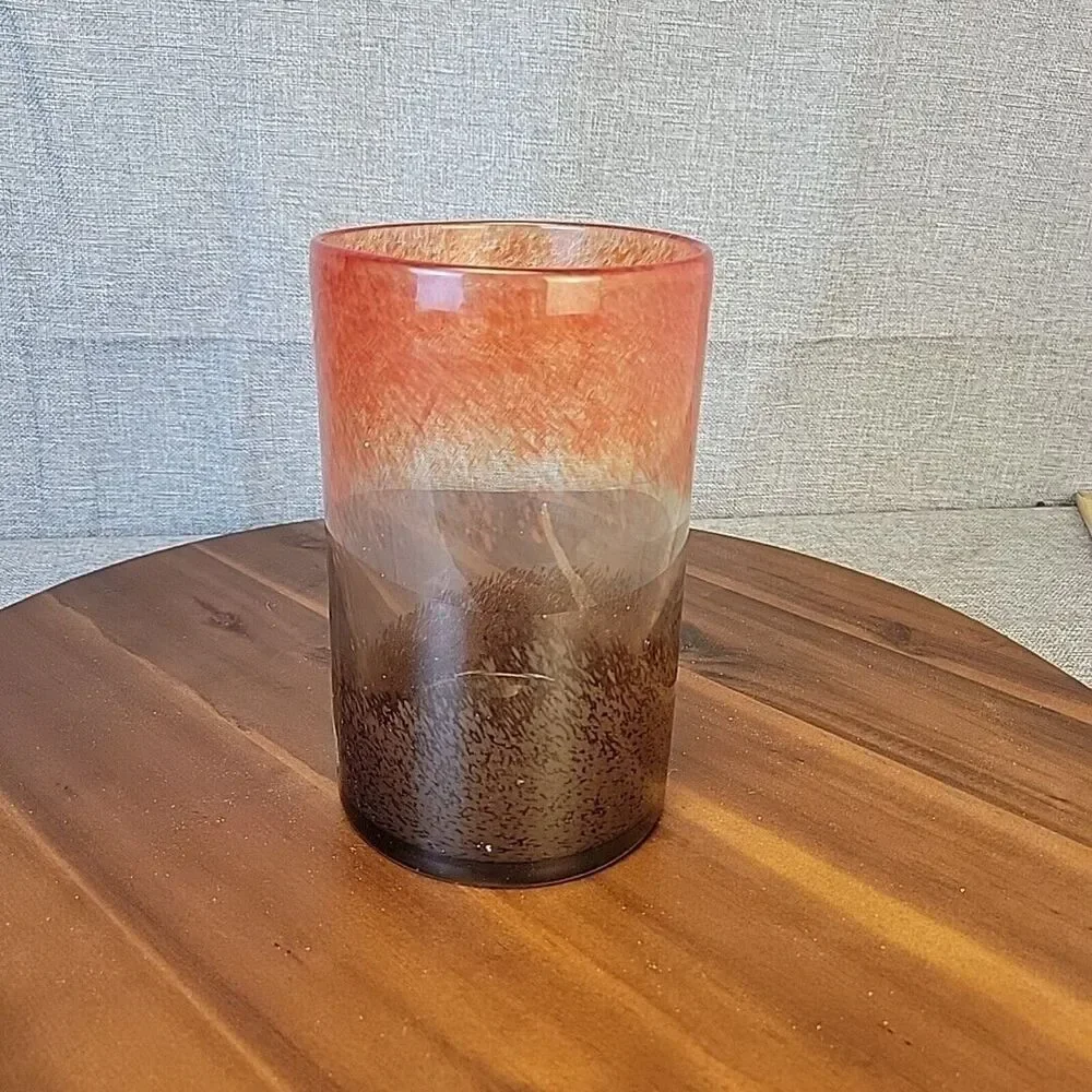 Vtg Art Glass Vase 8In Tall Orange Clear Brown Fade Hand Blown Mcm Tumbler Style